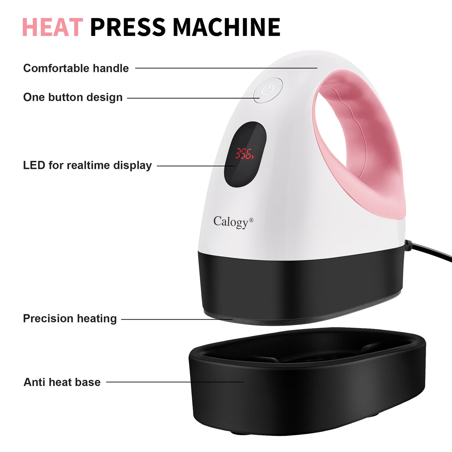 Calogy Mini Heat Press, Heat Transfer Machine, Constant Temp Control, Insulated Safety Base, Fits for Crafts, T-Shirt, Hat, Cap, Pillows (White Pink)