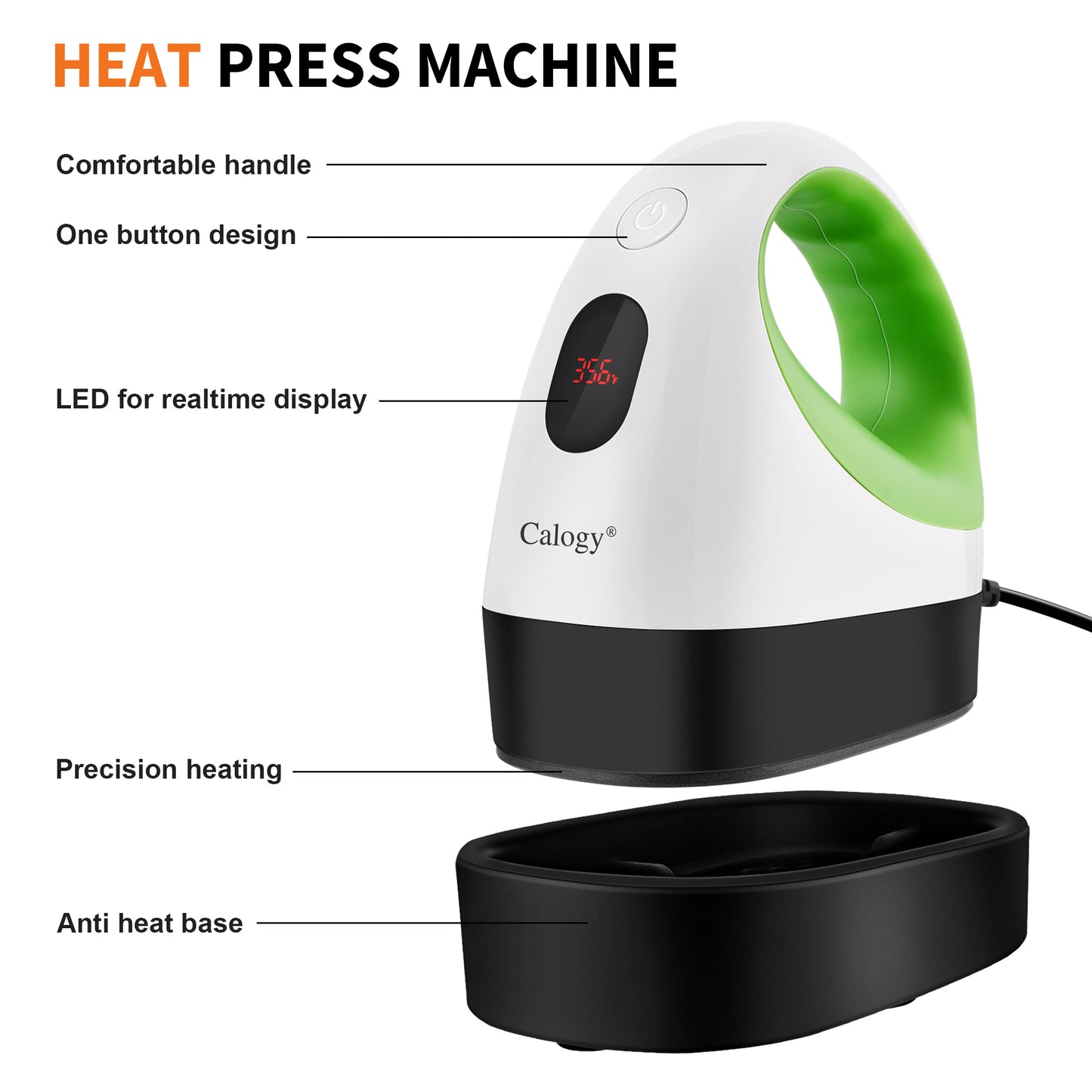 Calogy Mini Heat Press, Heat Transfer Machine, Constant Temp Control, Insulated Safety Base, Fits for Crafts, T-Shirt, Hat, Cap, Pillows (White Green)