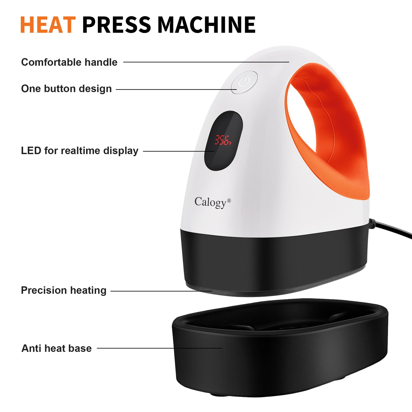 Calogy Mini Heat Press, Varmo-Transiga Maŝino, Konstanta Tempera Kontrolo, Izolita Sekureca Bazo, Konvenas por Metioj, Ĉemizo, Ĉapelo, Ĉapo, Kusenoj (Blanka Oranĝo) 