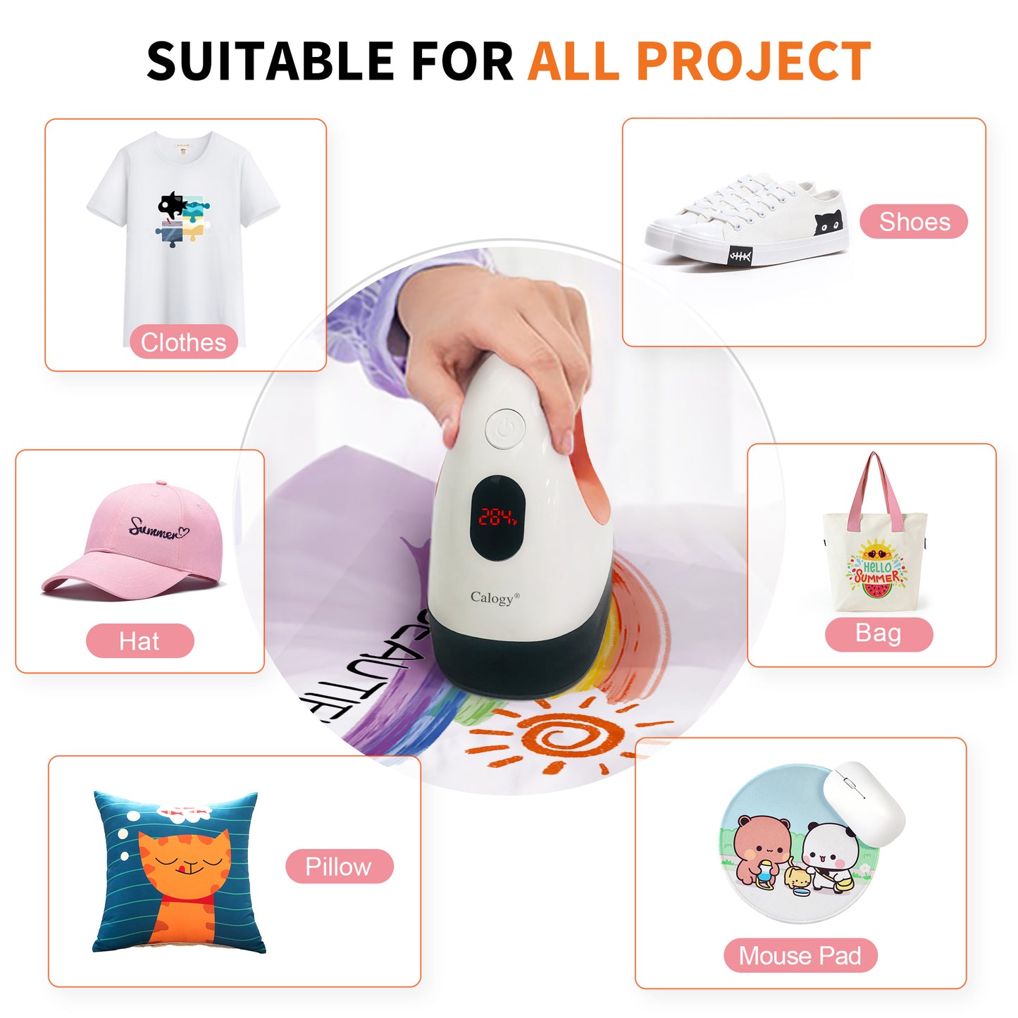 Calogy Mini Heat Press, Heat Transfer Machine, Constant Temp Control, Insulated Safety Base, Fits for Crafts, T-Shirt, Hat, Cap, Pillows (White Orange)