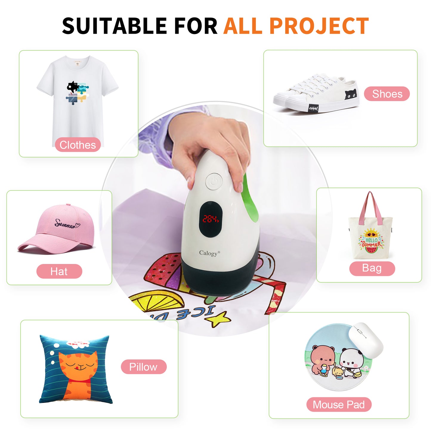 Calogy Mini Heat Press, Heat Transfer Machine, Constant Temp Control, Insulated Safety Base, Fits for Crafts, T-Shirt, Hat, Cap, Pillows (White Green)